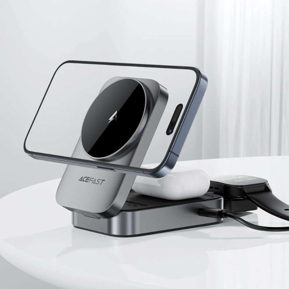 Acefast E22 Desktop 3-in-1 Wireless Charging Holder - Metal Grey - Image 2