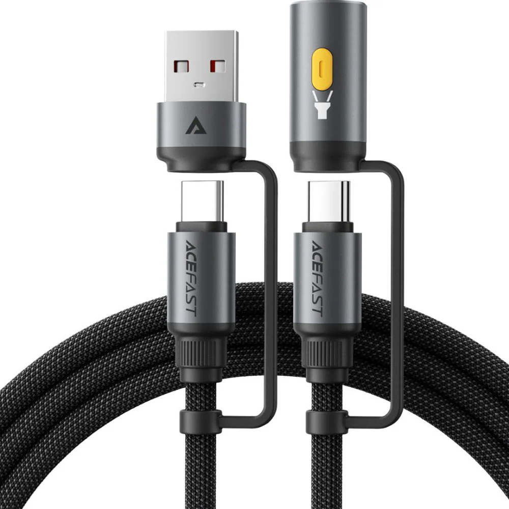 Acefast J5 Multi-Function Charging Data Cable USB-A + USB-C + LED Light - Black