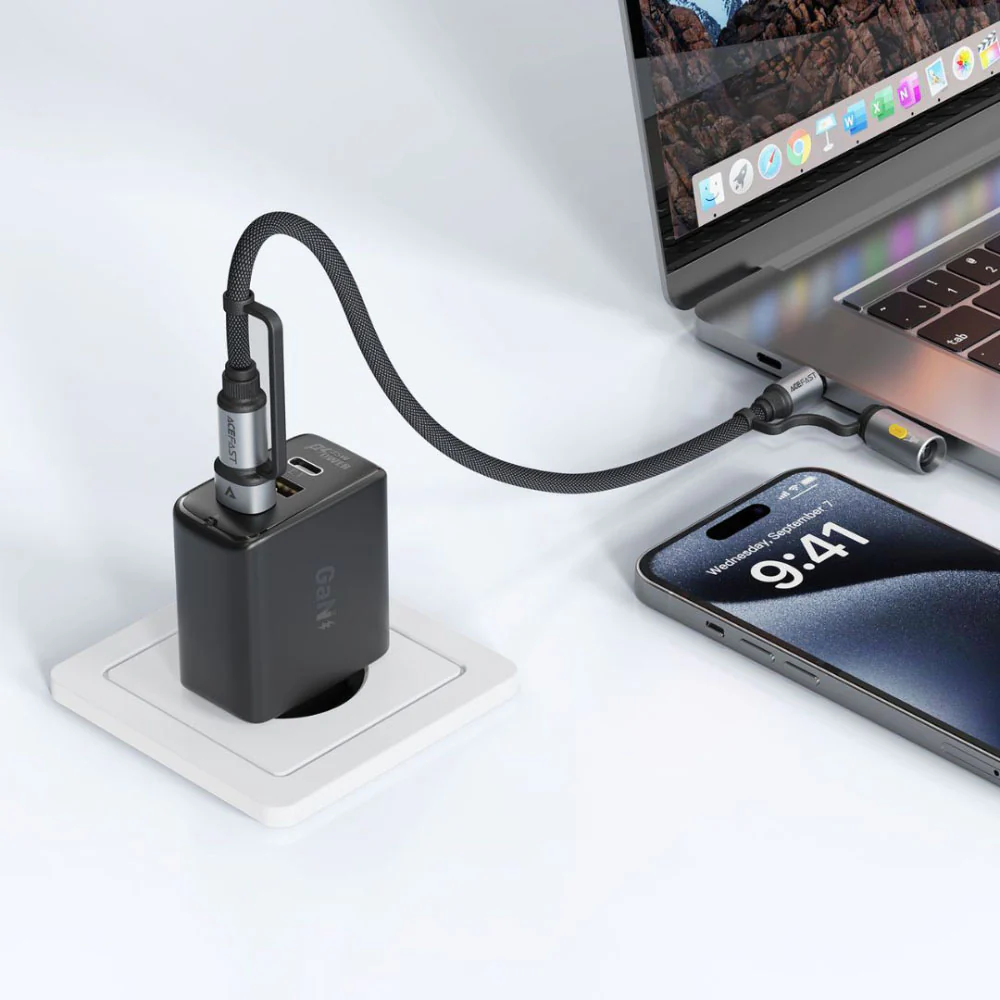Acefast J5 Multi-Function Charging Data Cable USB-A + USB-C + LED Light - Black - Image 2