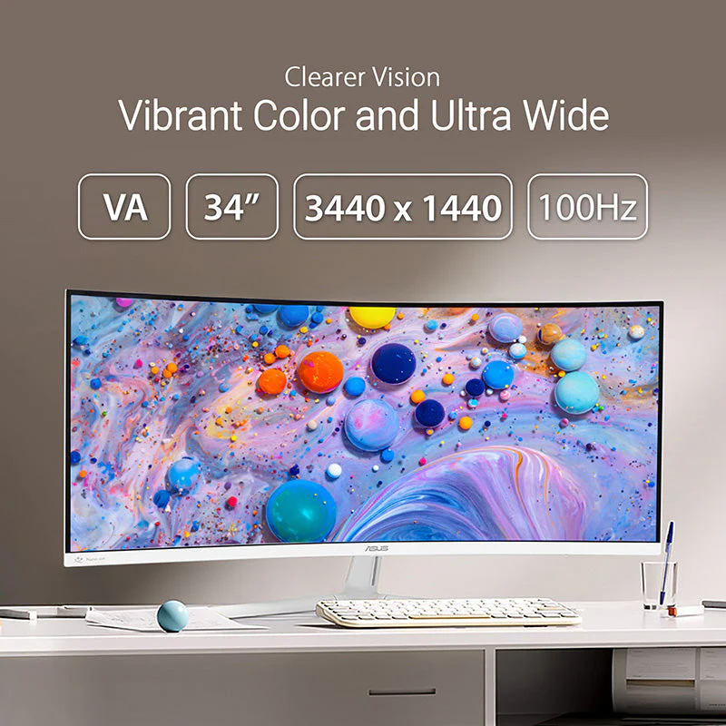 ASUS VU34WCIP-W Eye Care Monitor - 34" WQHD VA 100Hz PD65W Curved - Image 3