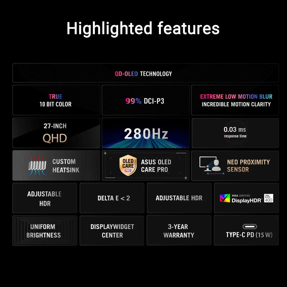 Asus ROG Strix OLED XG27ACDMS - 26.5" QHD QD-OLED 280Hz Gaming Monitor - Image 2