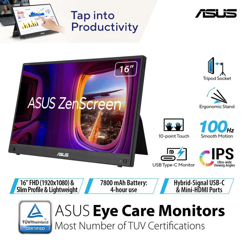 ASUS ZenScreen Touch MB16AMTR Portable Monitor - 16" FHD IPS 10-point touch