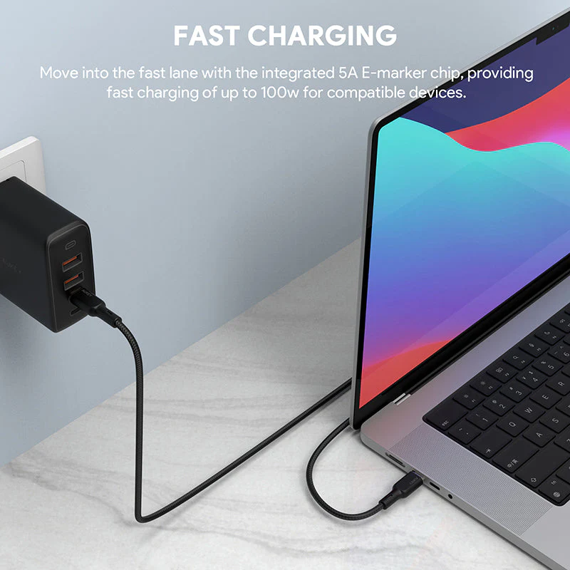 Aukey CB-KCC101 1M 100W Braided USB C to C Cable with Kevlar Core Black - Image 4