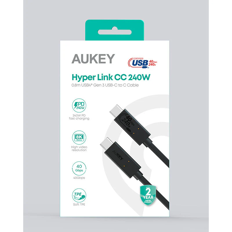 Aukey CB-TCC241 Hyper Link CC 240W USB4 Gen 3 USB-C to C Cable 0.8m - Image 5
