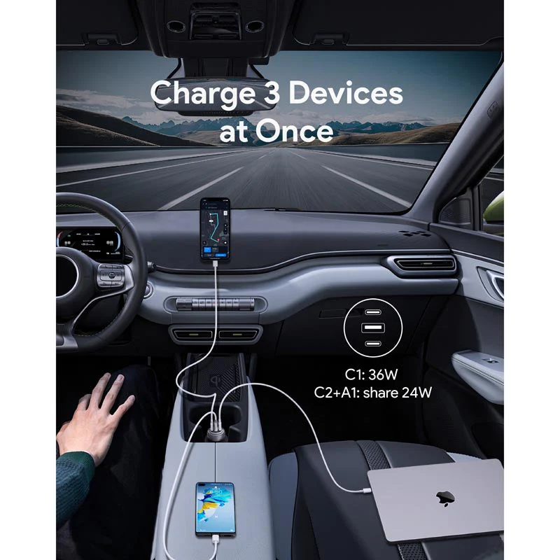 Aukey CC-P1 Pathfinder Mix 3 66W Fast Charging Car Charger (Dark Grey) - Image 2