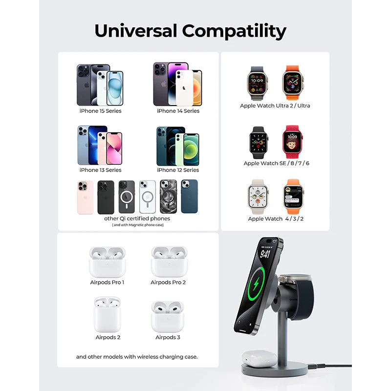 Aukey LC-MC311 MagFusion 3-in-1 Qi2 Magnetic Fast Wireless Charging Station - Image 4