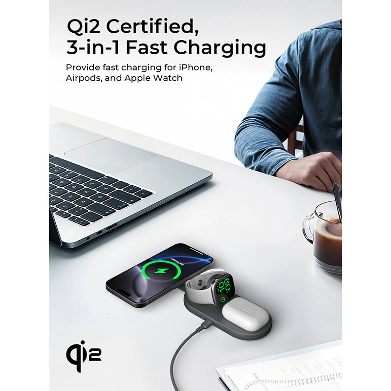 Aukey LC-MC313 MagFusion C 3-in-1 Qi2 Wireless Charging Station - Gray - Image 6