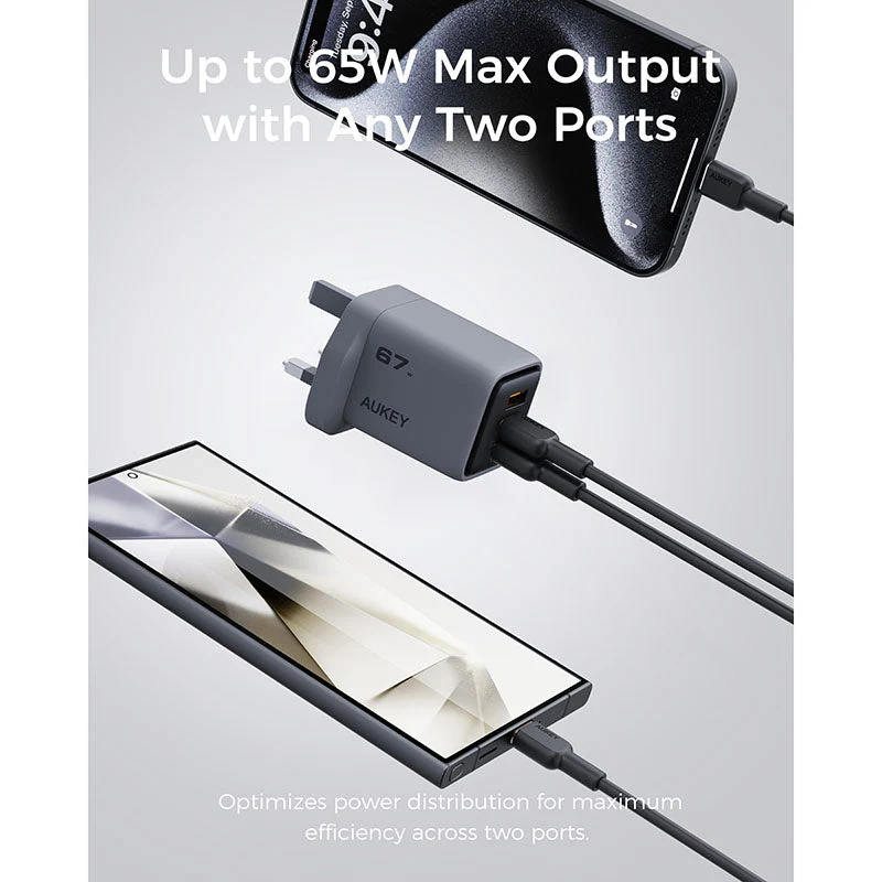 Aukey PA-C3 Comet Mix 3 67W Fast Charging Wall Charger with GaN Technology - Gray - Image 4