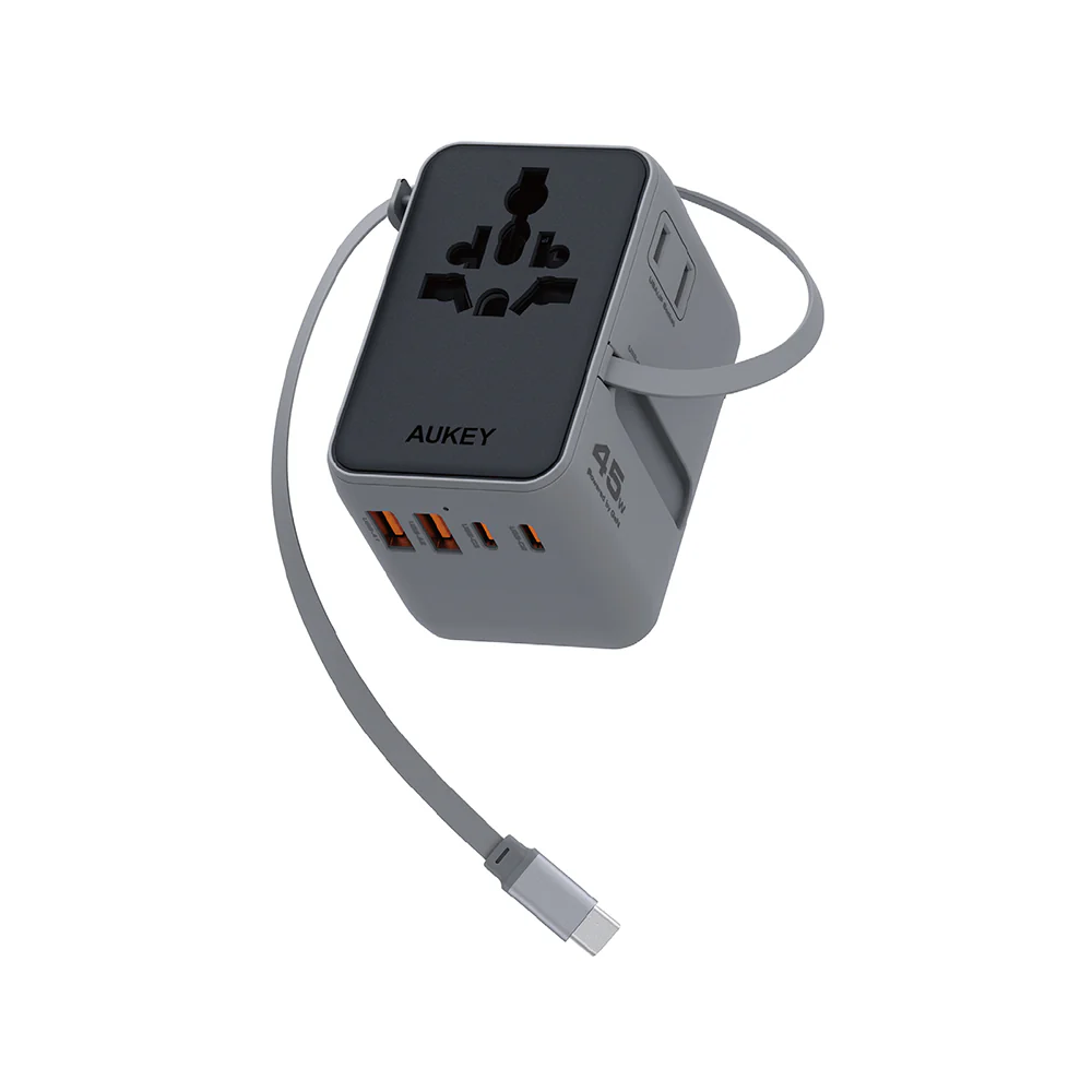 Aukey PA-TA13 Globe Reel 45W GaN Universal Adapter with Retractable Cable - Gray