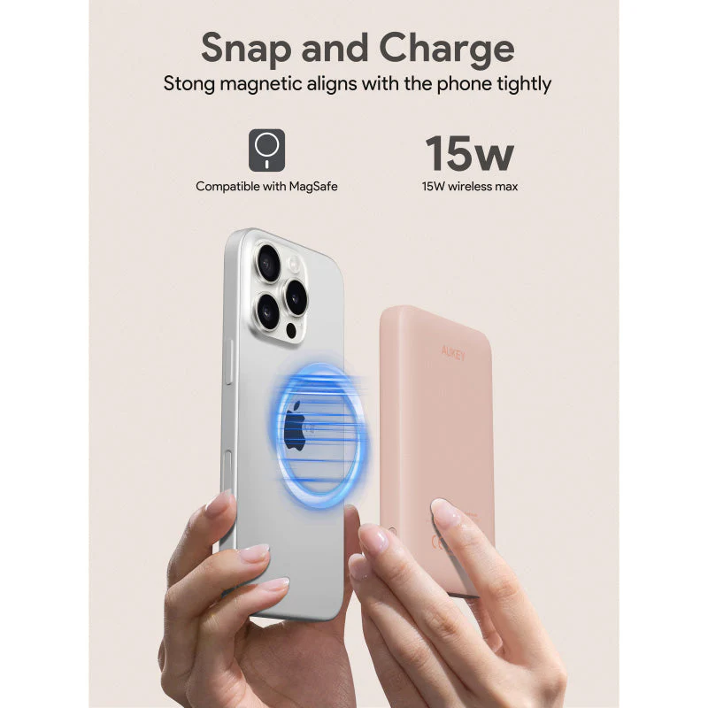Aukey PB-MS03 MagFusion Slim 5000mAh Magnetic Wireless Charging Power Bank (Pink) - Image 5