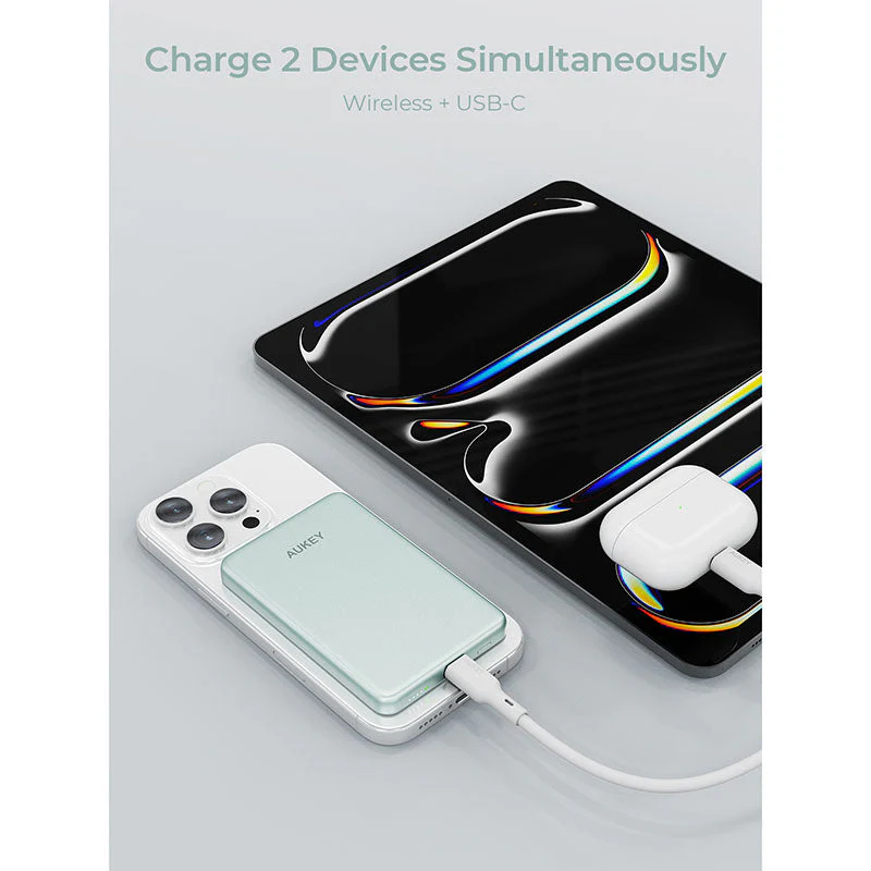 Aukey PB-MS07 MagFusion M Qi2 5000mAh Magnetic Wireless Power Bank - Mint Blue - Image 3