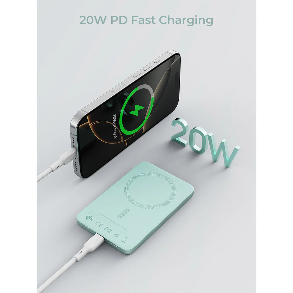 Aukey PB-MS07A MagFusion M 5,000mAh Qi2 Magnetic Wireless Power Bank (CCC-Certified) - Mint Blue - Image 5