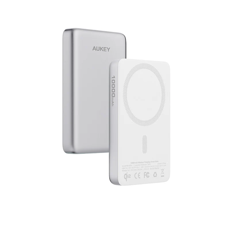 Aukey PB-MS08 MagFusion M Qi2 10,000mAh Magnetic Wireless Charging Power Bank (Silver White)