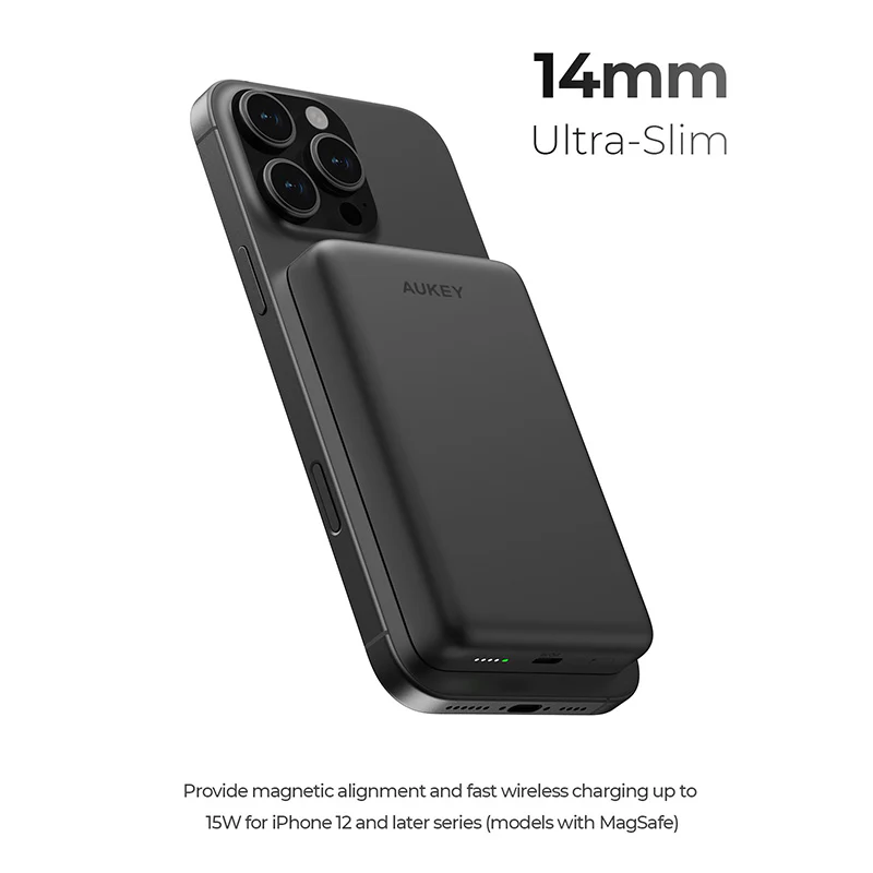 Aukey PB-MS08 MagFusion M Qi2 10,000mAh Magnetic Wireless Charging Power Bank (Dark Gray) - Image 3
