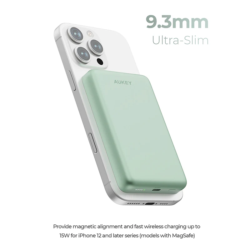 Aukey PB-MS08 MagFusion M Qi2 10,000mAh Magnetic Wireless Charging Power Bank (Mint Blue) - Image 3