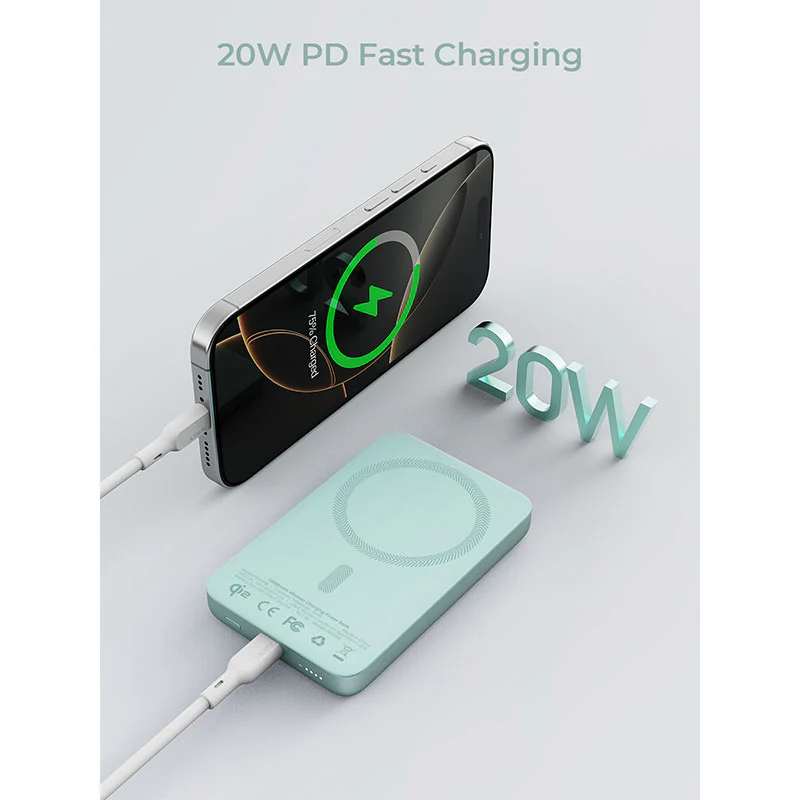 Aukey PB-MS08 MagFusion M Qi2 10,000mAh Magnetic Wireless Charging Power Bank (Mint Blue) - Image 5