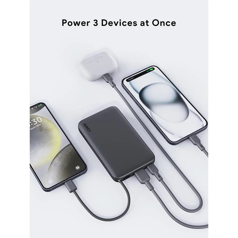 Aukey PB-Y53 Spark Sling 10K Lite Slim Power Bank with Build in C Cable (Gray) - Image 2
