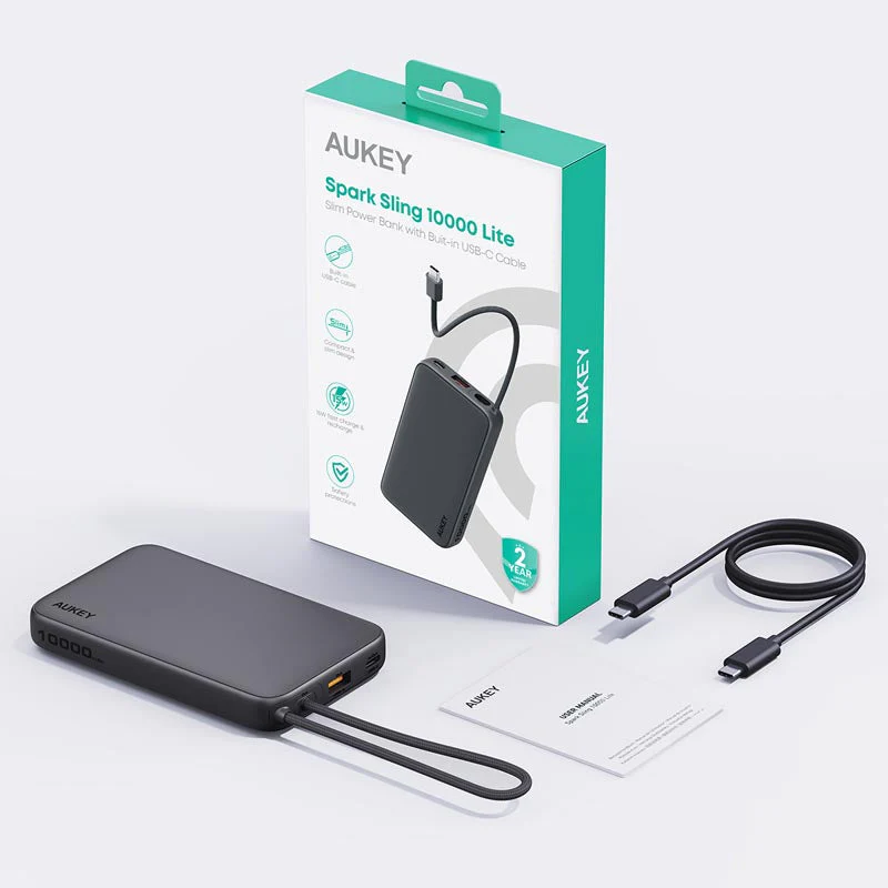 Aukey PB-Y53 Spark Sling 10K Lite Slim Power Bank with Build in C Cable (Gray) - Image 4