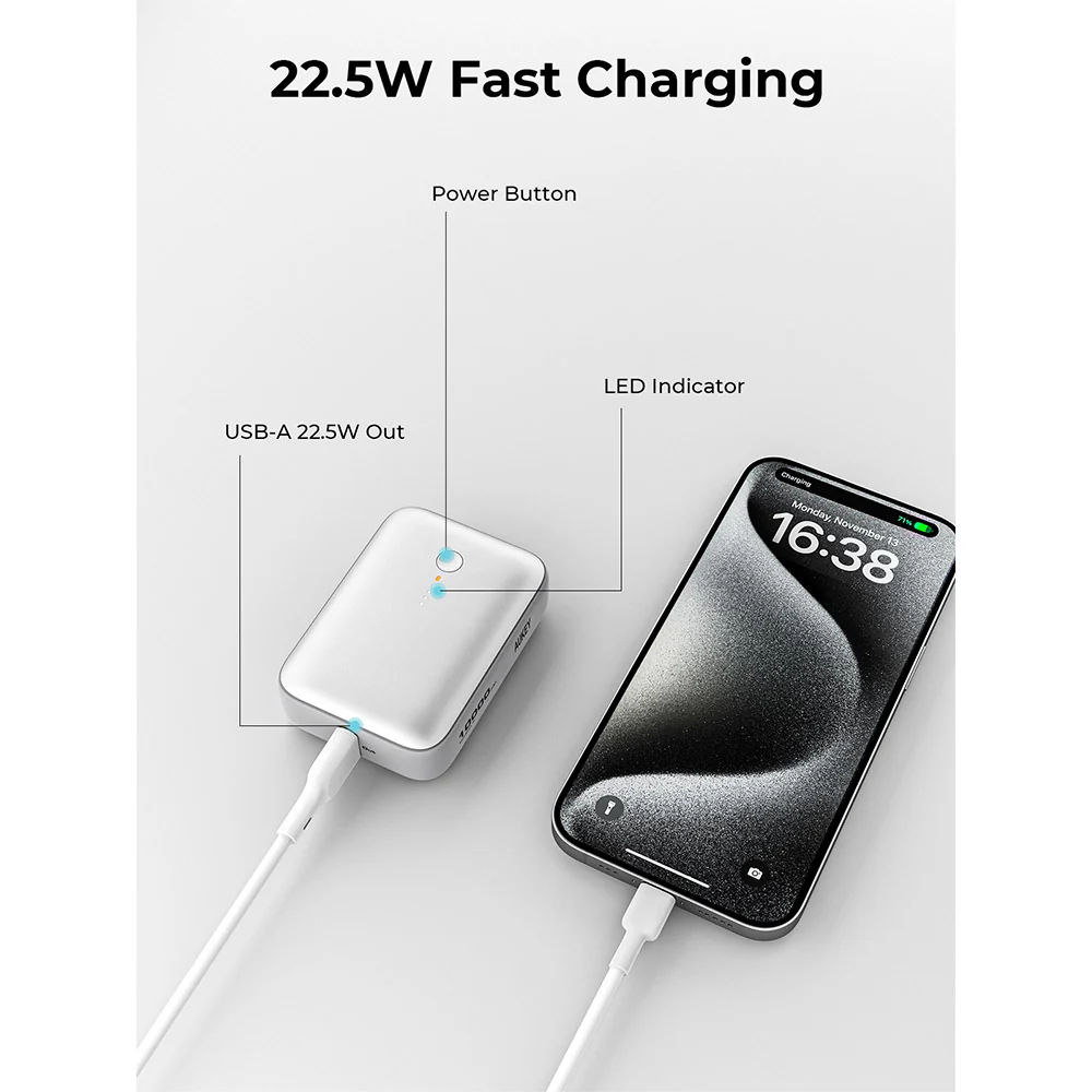 Aukey PB-Y55 Spark Mini 10,000mAh 20W Fast Charging Mini Power Bank (CCC-Certified) - Frost White - Image 3