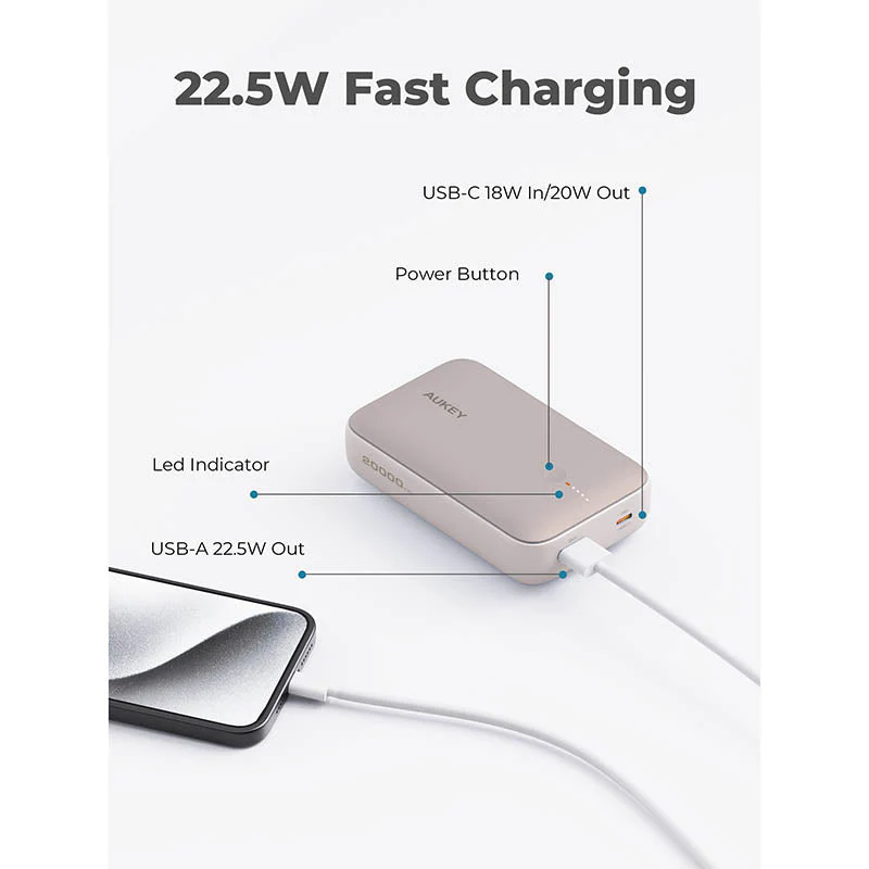 Aukey PB-Y57 Spark Mini 20000mAh Compact Fast Charging Power Bank with 20W PD (Desert Gold Titanium) - Image 3