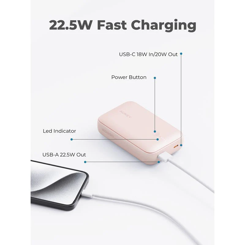 Aukey PB-Y57 Spark Mini 20000mAh Compact Fast Charging Power Bank with 20W PD (Pink) - Image 8