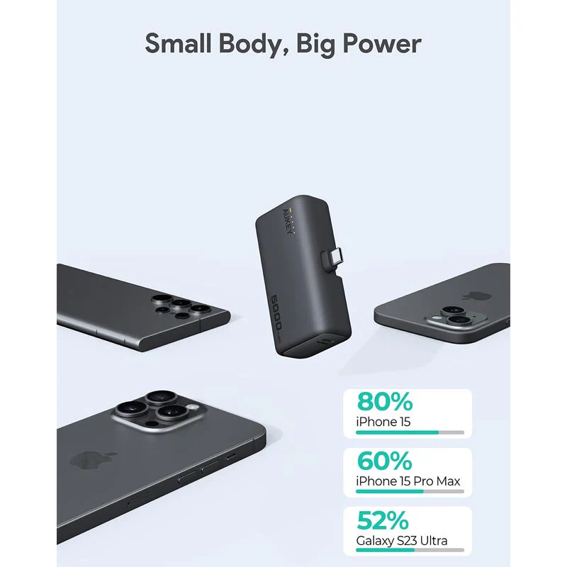 Aukey PB-Y59 Spark Mini 5000mAh Portable Power Bank with Built-in USB-C Port (Grey) - Image 2
