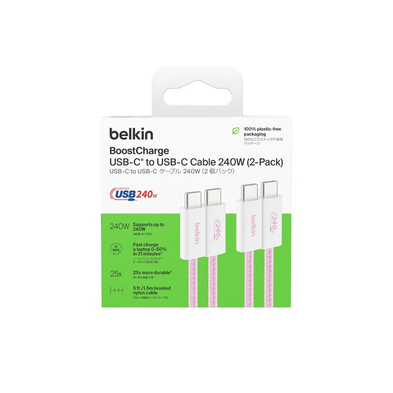 Belkin CAB019qc05PK2PK 240W USB-C to C Cable 1.5m 2Pack Pink
