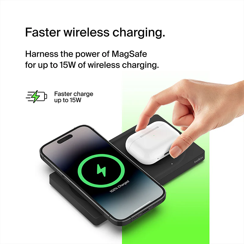 Belkin WIZ019btBK MagSafe 2-in-1 Wireless Charging Pad (Black) - Image 4