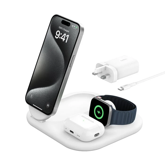 Belkin WIZ029myWH BoostCharge 3-in-1 Magnetic Foldable Wireless Charger with Qi2 15W (White)