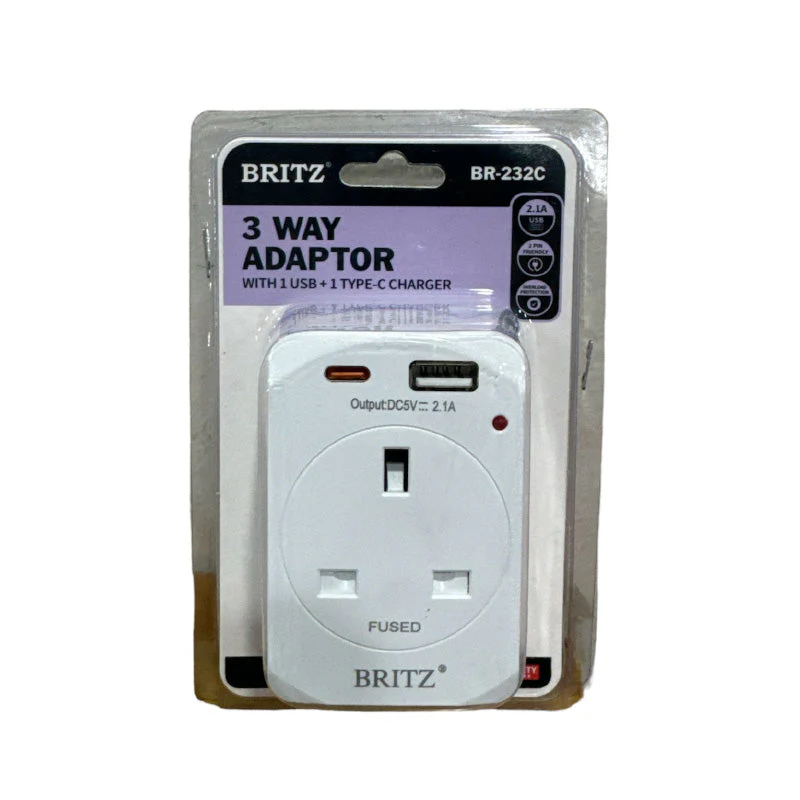 Britz BR-232C 3-Way USB 1A + 1C Power Adapter