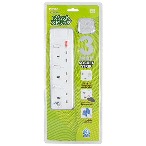 Daiyo DE383-6M LED 3 Way Socket Strip w Surge 6M - Image 3