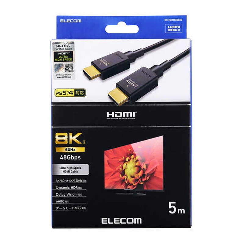 Elecom DH-HD21E50BK2 HDMI Cable Ver 2.1 8K UHDR 5M (Black) - Image 5