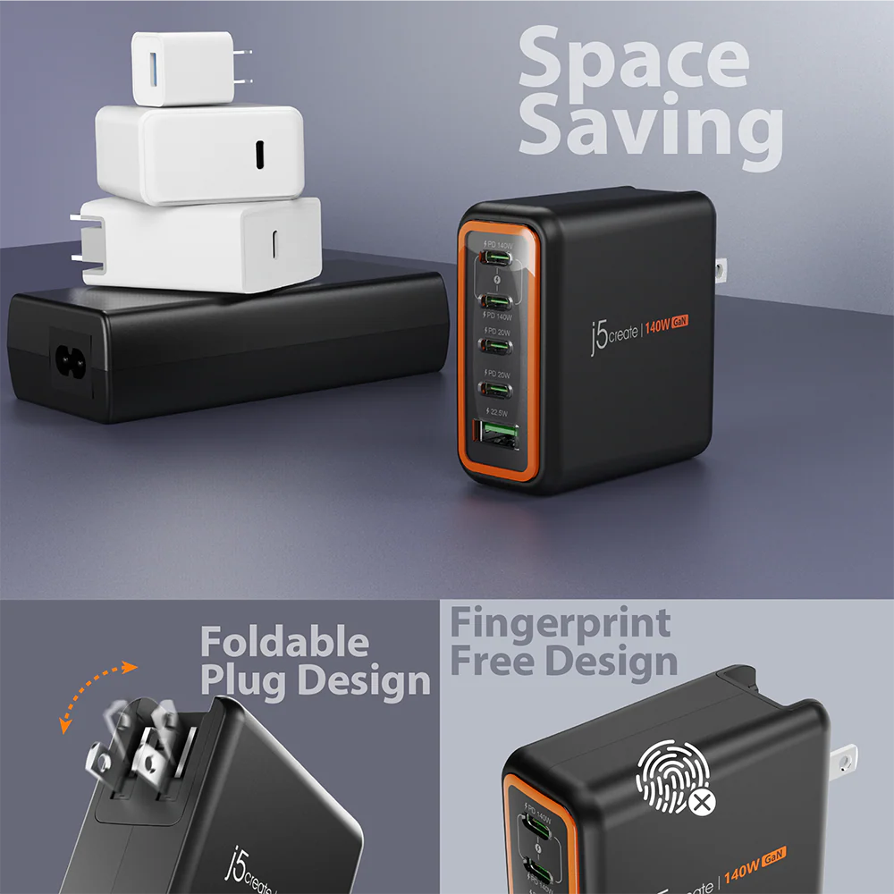 J5Create JUP57140V 140W GaN PD3.1 USB-C 5-Port Charger with Changeable AC Plugs - Image 8