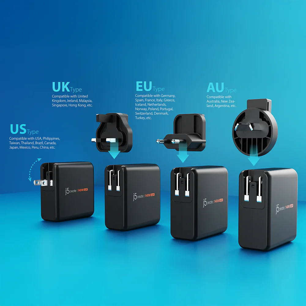 J5Create JUP57140V 140W GaN PD3.1 USB-C 5-Port Charger with Changeable AC Plugs - Image 9