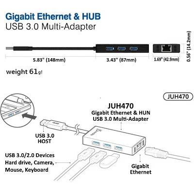 J5Create USB 3.0 Gigabit Ethernet & 3-Port HUB (JUH470) - Image 2