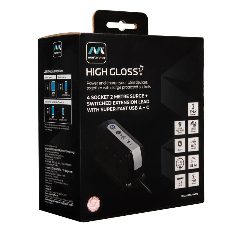 Masterplug SRGDSUAC2042PB 4 Socket 2M Surge+Switched Extension w USB A+C - Image 8