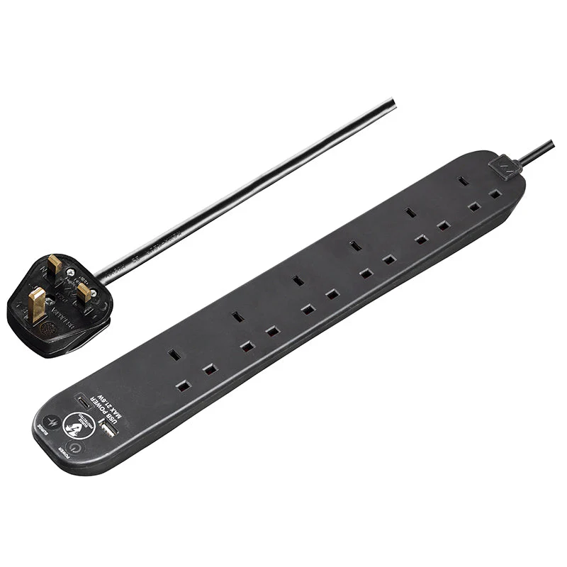 Masterplug SRGUAC2262NB 6 Socket + Type-C PD22W Surge Extension 2M (Black) - Image 4