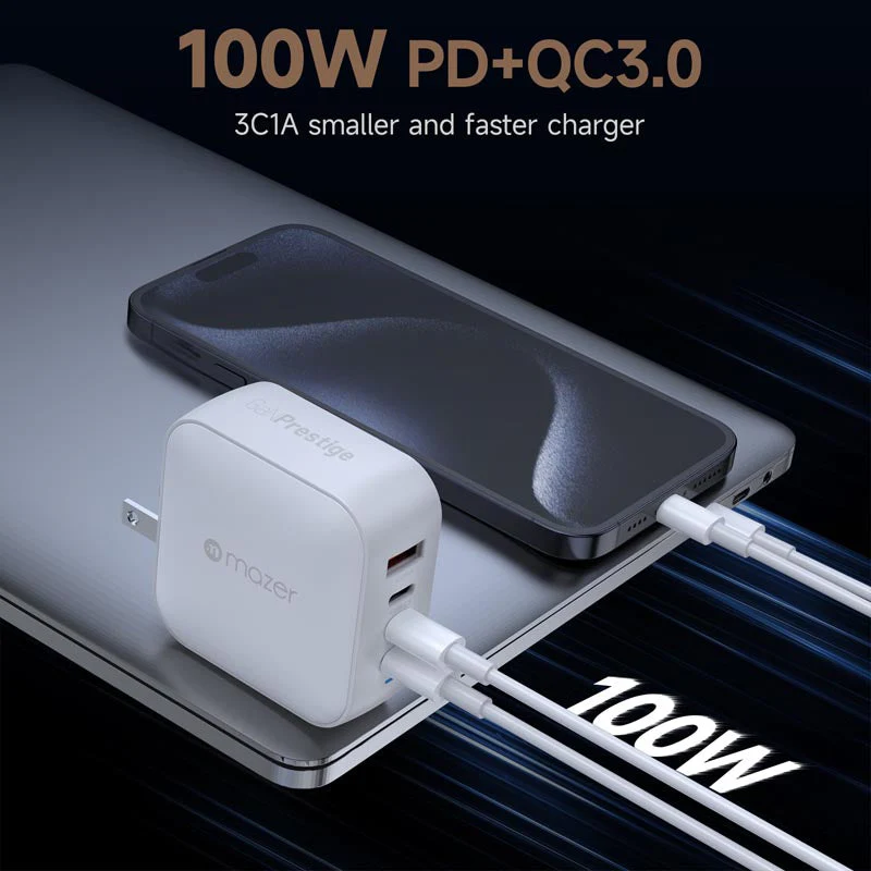 Mazer M-G100W-V5-WH PD100W 3C1A Travel Adapter with Changeable Plugs (White) - Image 4