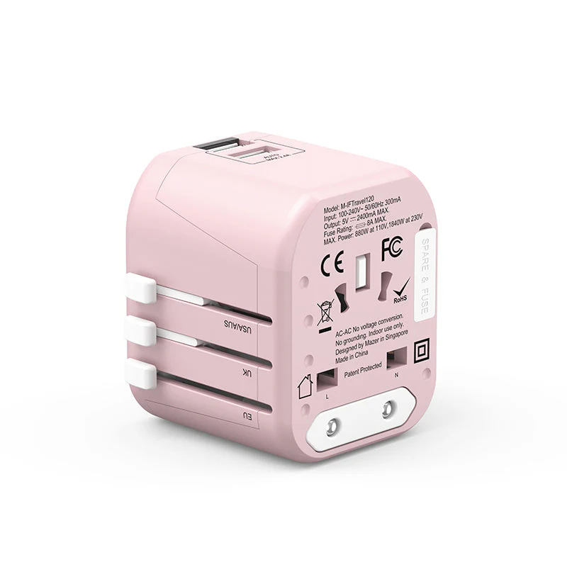 Mazer M-IFTravel120-PK 2 USB-A 12W World Travel Charger (Pink) - Image 3