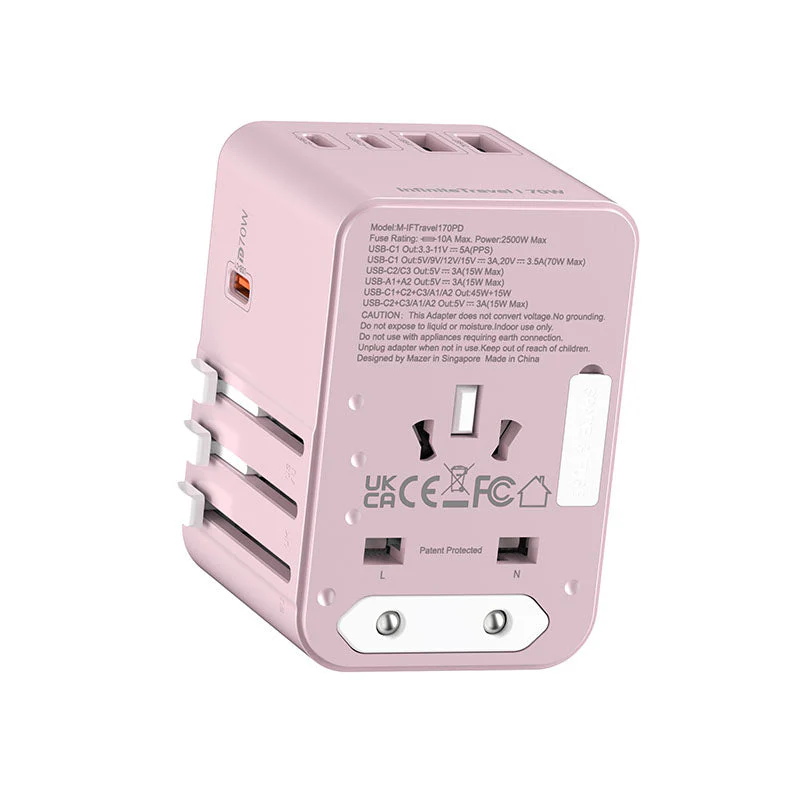 Mazer M-IFTravel170PD-PK InfiniteTravel GaN PD70W 3C+2A World Travel Charger (Pink) - Image 4