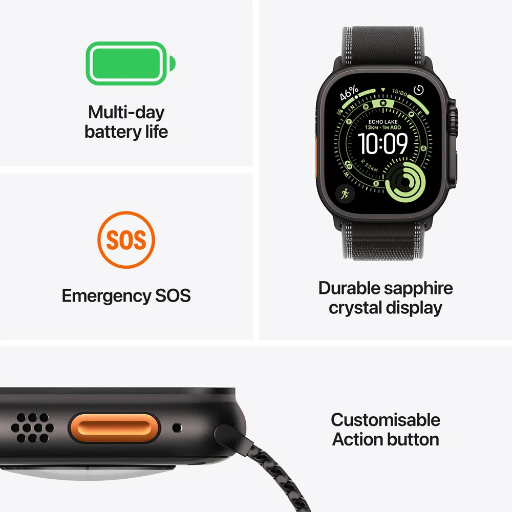 Apple Watch Ultra 3 GPS + Cellular 49mm Black Titanium Case with Black/Charcoal Trail Loop - S/M - Image 3