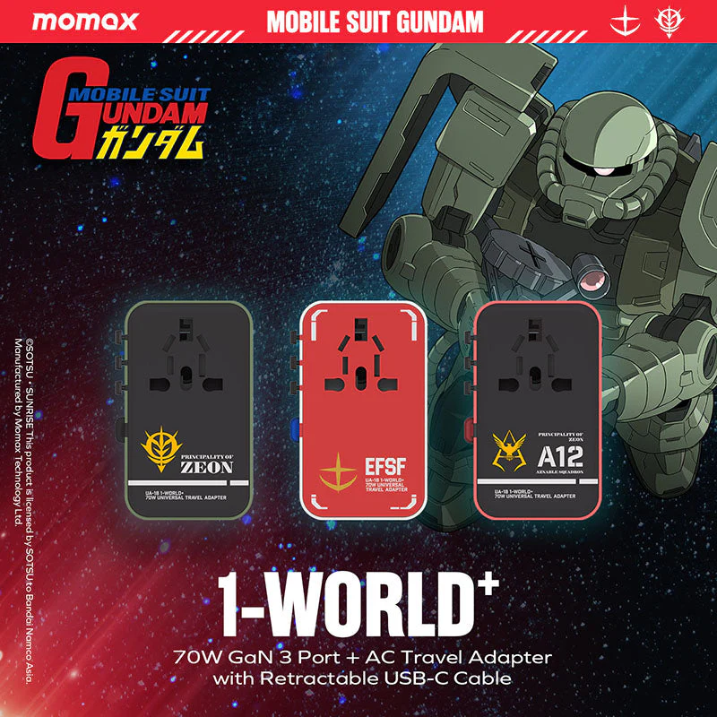 Momax UA18GDR I-World+ 70W GaN 3-Port AC Travel Adapter with Built-in USB-C Cable - MS-06S Char's Zaku II