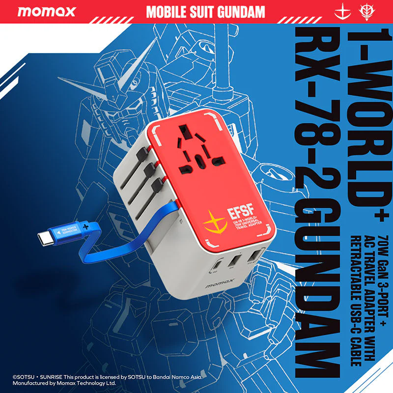 Momax UA18GDW I-World+ 70W GaN 3-Port + AC Travel Adapter with Built-in USB-C Cable - RX-78-2 Gundam - Image 3