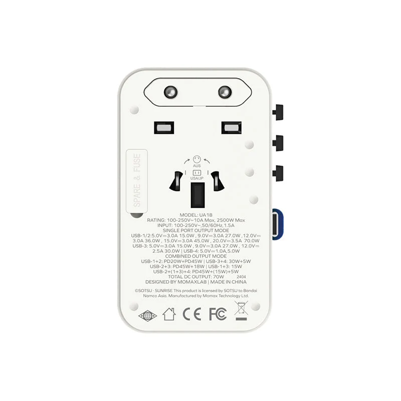 Momax UA18GDW I-World+ 70W GaN 3-Port + AC Travel Adapter with Built-in USB-C Cable - RX-78-2 Gundam - Image 4