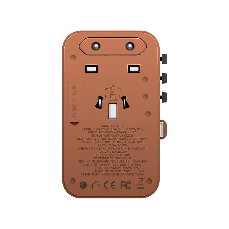 Momax UA18L2 1-World+ 70W GaN 3-Port + AC Travel Adapter with Built-in USB-C Cable (Sandstone) - Image 4