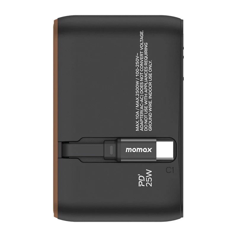Momax UA20L2 1-World+ 25W 3-Port AC Travel Adapter with Built-in USB-C Cable - Sandstone - Image 2