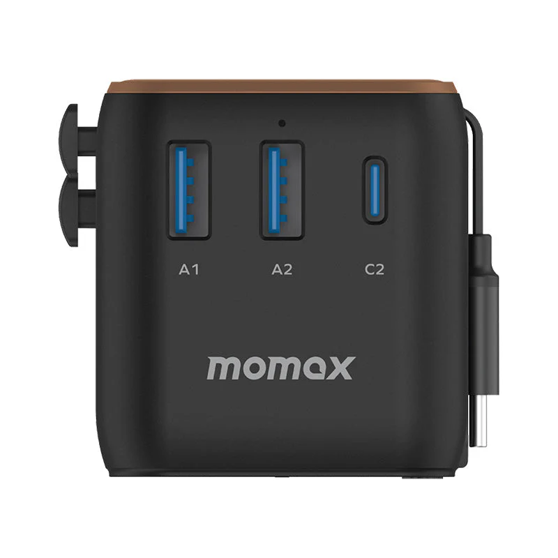 Momax UA20L2 1-World+ 25W 3-Port AC Travel Adapter with Built-in USB-C Cable - Sandstone - Image 3