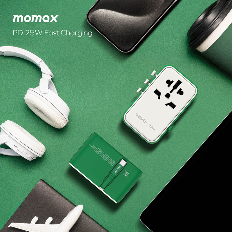 Momax UA20M 1-World+ 25W 3-Port AC Travel Adapter with Built-in USB-C Cable - Orange - Image 5
