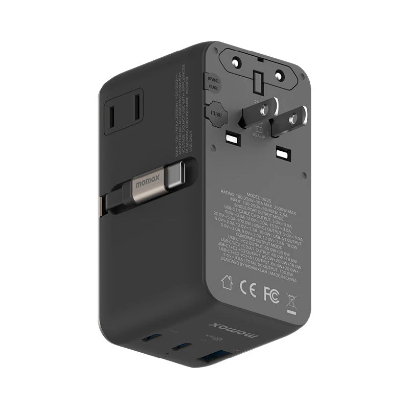 Momax UA25L 1-World2+ 100W 4-Port Dual AC Travel Adapter with Built-in USB-C Cable - Titanium - Image 2