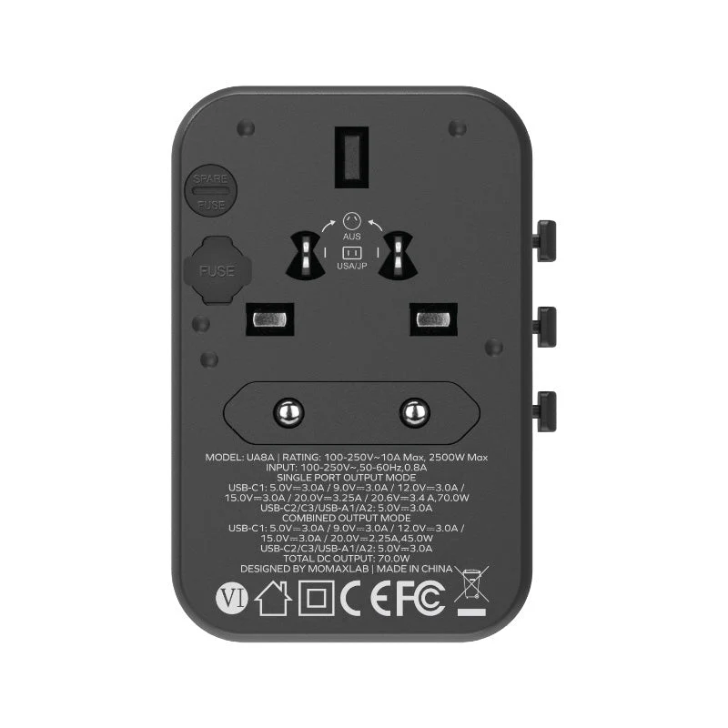 Momax UA8AD 1-World 70W GaN 5 Ports + AC Travel Adaptor - Black - Image 6